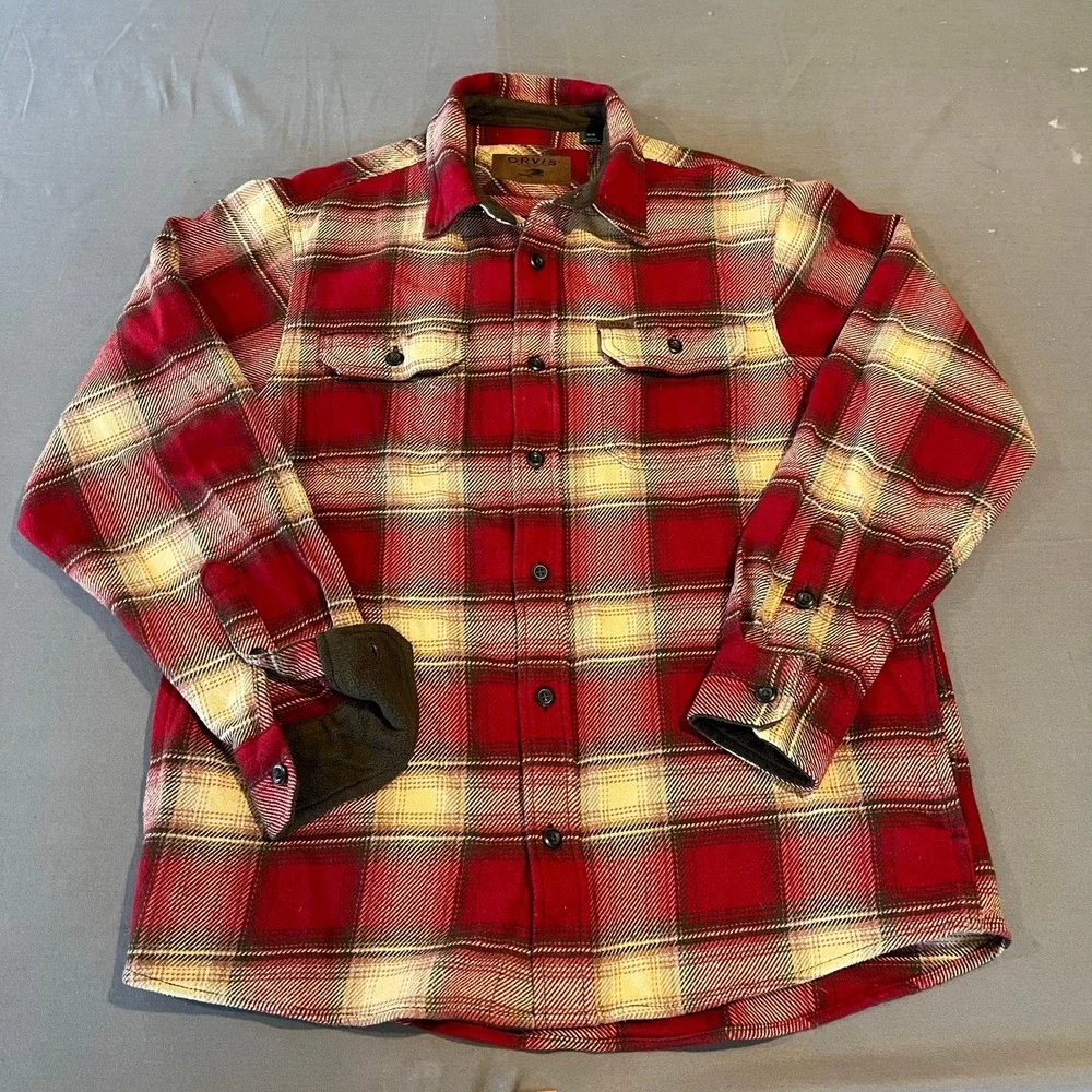 Orvis Mens Big Bear Fleece-Lined Flannel Plaid Shacket Size M Outdoors Red
